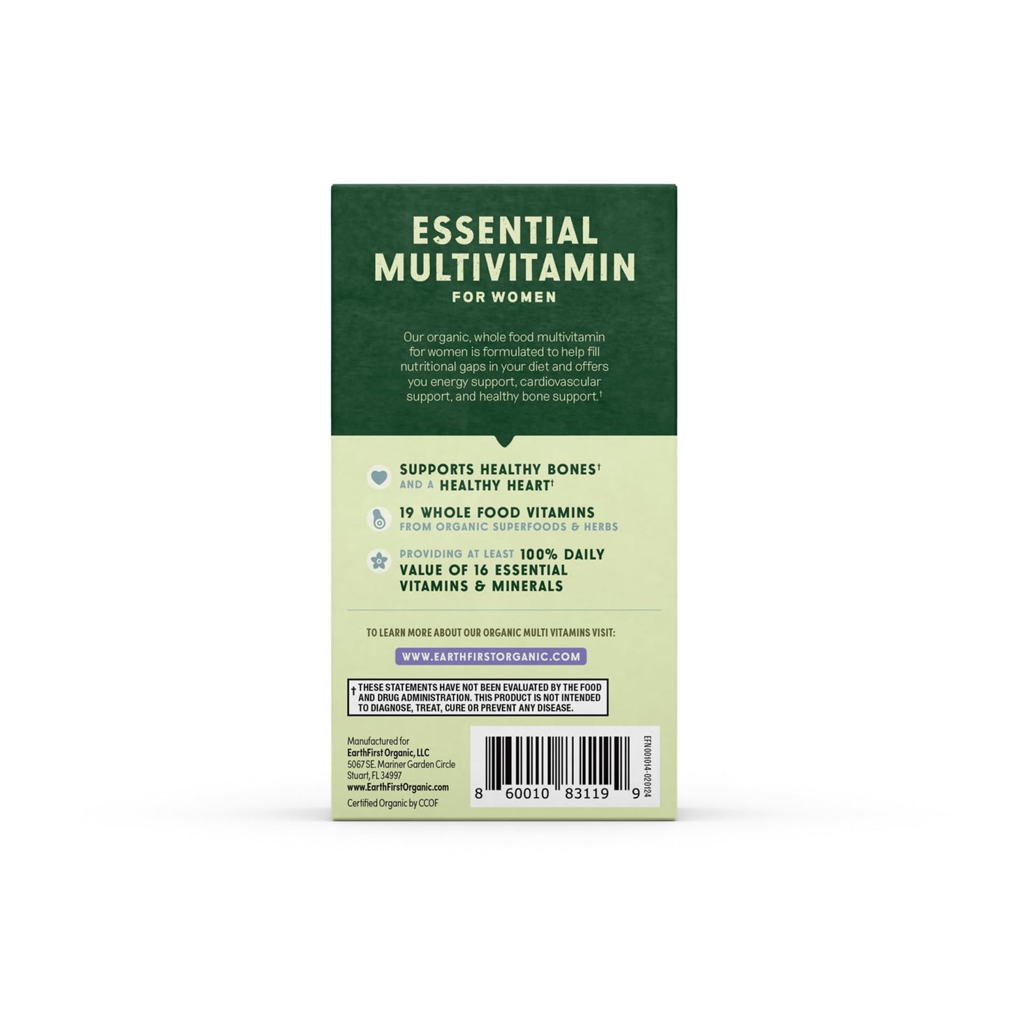 EarthFirst Organic Women’s Multivitamin – 60 Count with Iron & B12