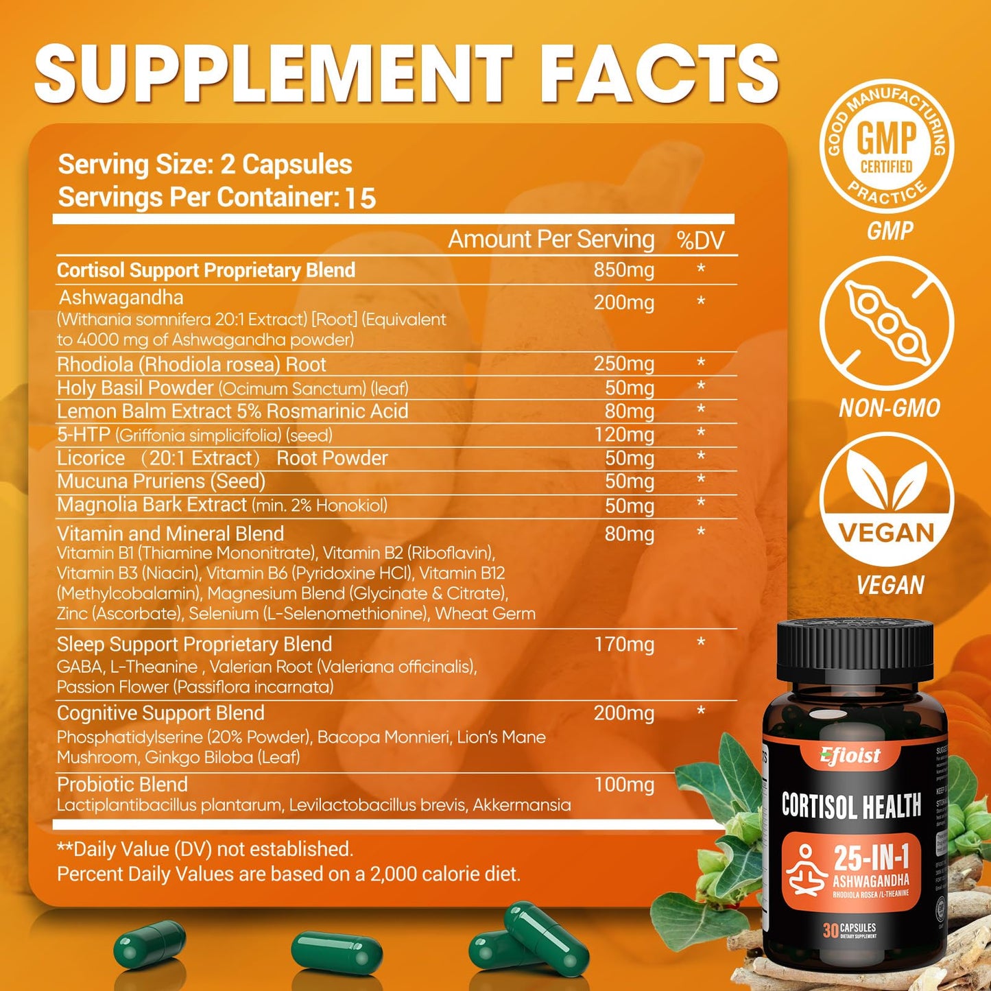 Efioist Cortisol Supplement for Women & Men – 25-in-1 Ashwagandha, Rhodiola, L-Theanine, Mood, Focus & Sleep Support | 30 Capsules