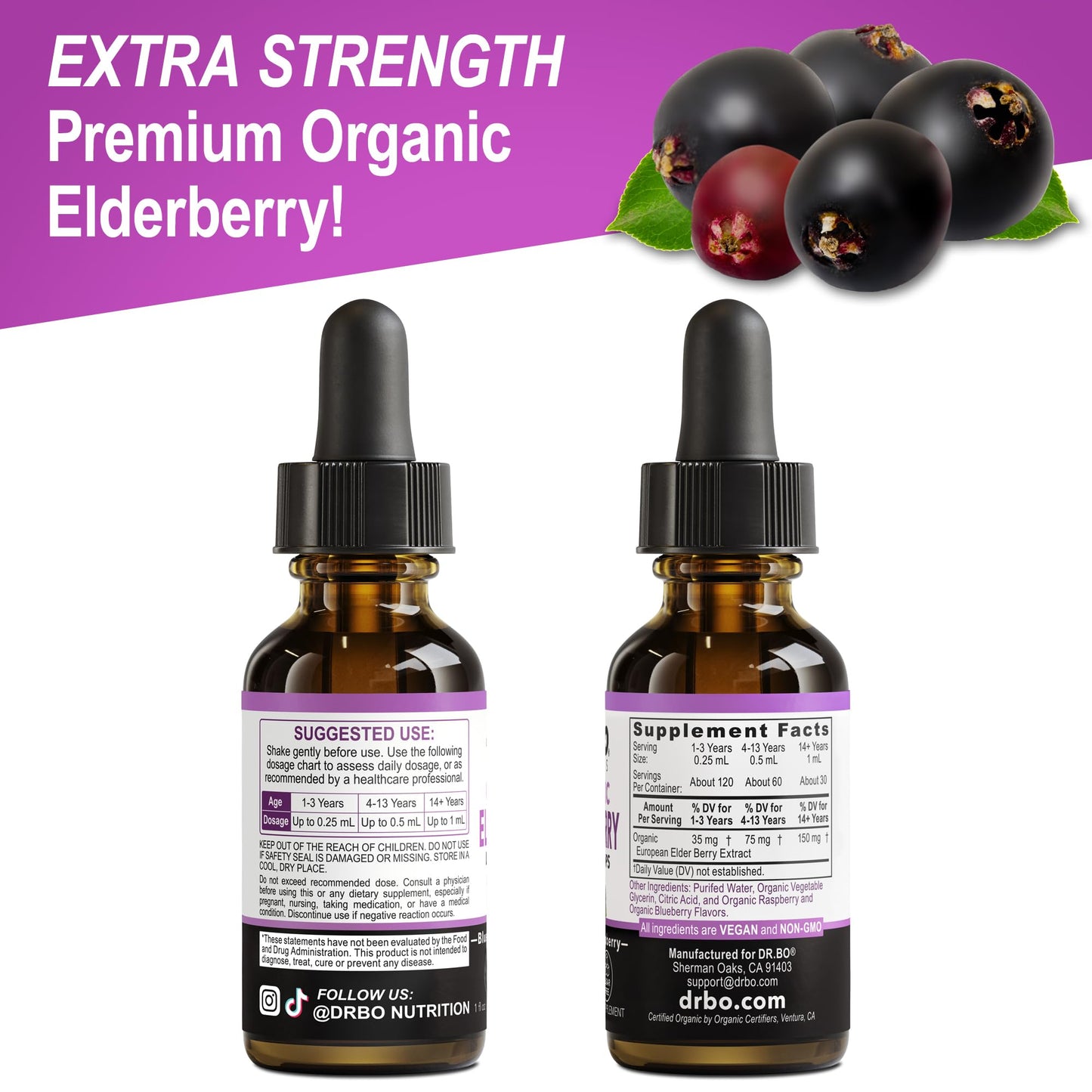 Elderberry Syrup Organic Liquid Drops – Sugar Free Immune Support for Adults & Kids (1 Fl Oz)