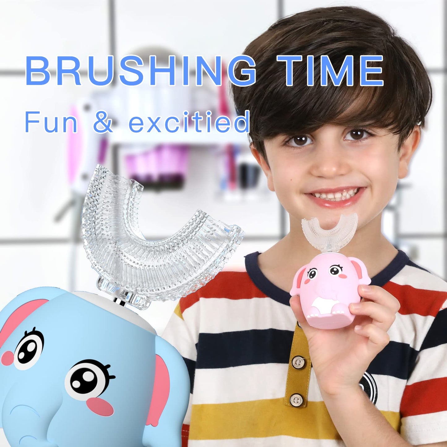 ELOTAME Kids Electric U Shaped Toothbrush - 4 Heads, 6 Modes, IPX7 Waterproof, Age 8-15 Blue