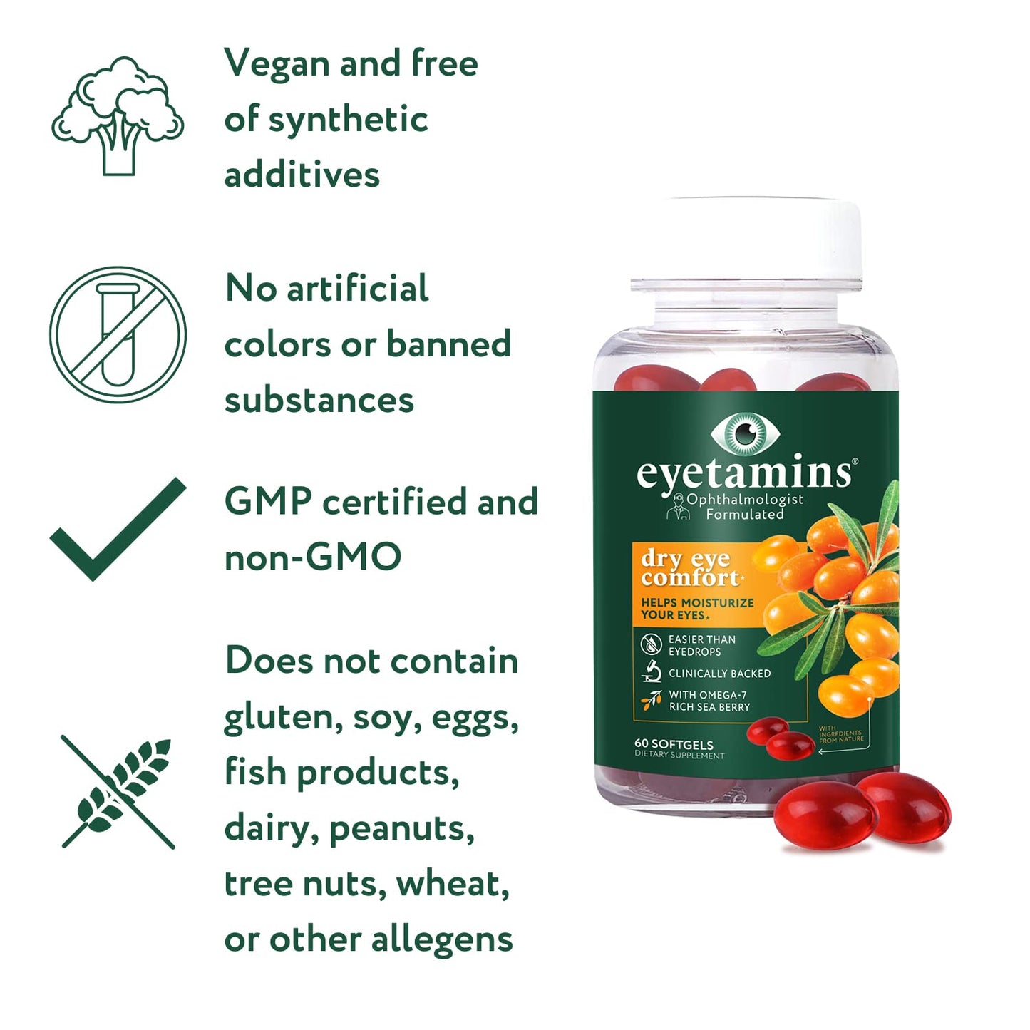 eyetamins Dry Eye Comfort - 60 Softgels | Ophthalmologist-Formulated, Himalayan Sea Buckthorn Oil