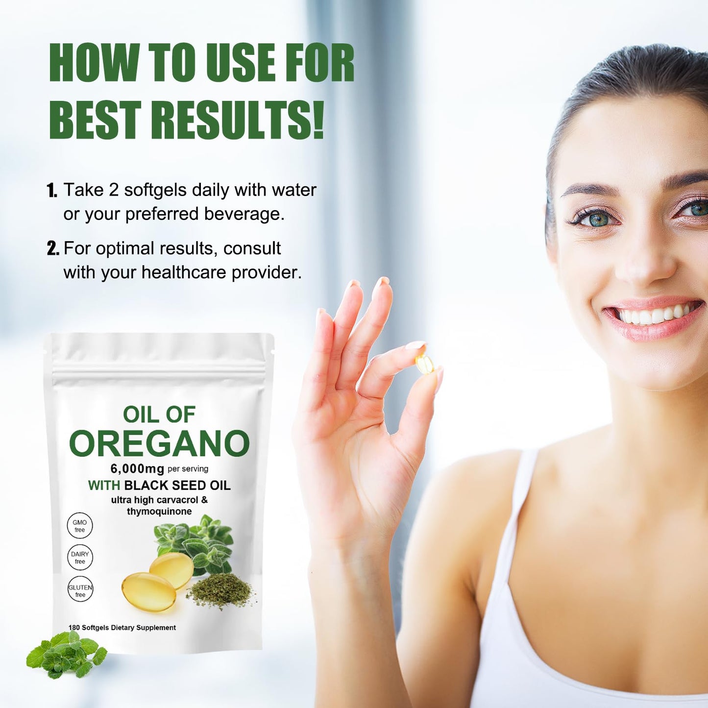 Eyowea Oil of Oregano with Black Seed Oil - 2 in 1, 6000mg Capsules, Non-GMO & Gluten Free, 180 Count