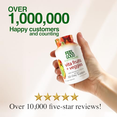FeelGood Vita Fruits & Veggies Capsules – 25 Superfood Ingredients Multivitamin, 60 Count for Men & Women