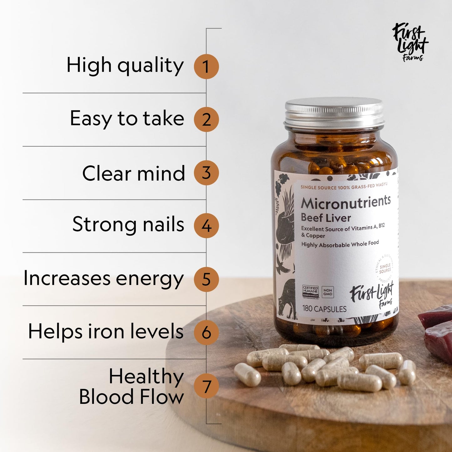 First Light Grass-Fed Beef Liver Capsules | Freeze-Dried Wagyu Liver, 180 Capsules