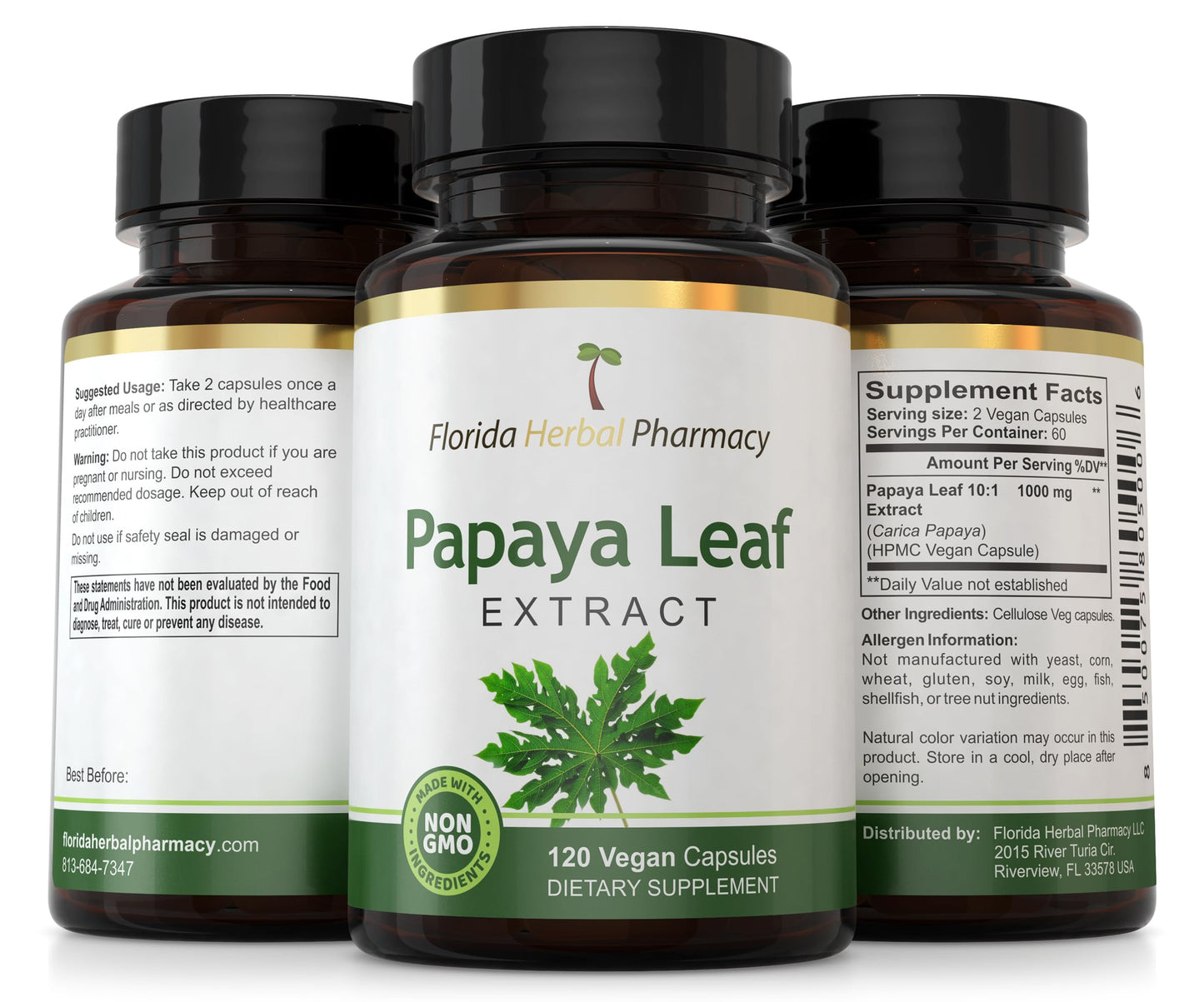 Florida Herbal Pharmacy Papaya Leaf Extract Capsules 10:1 – 120 Count
