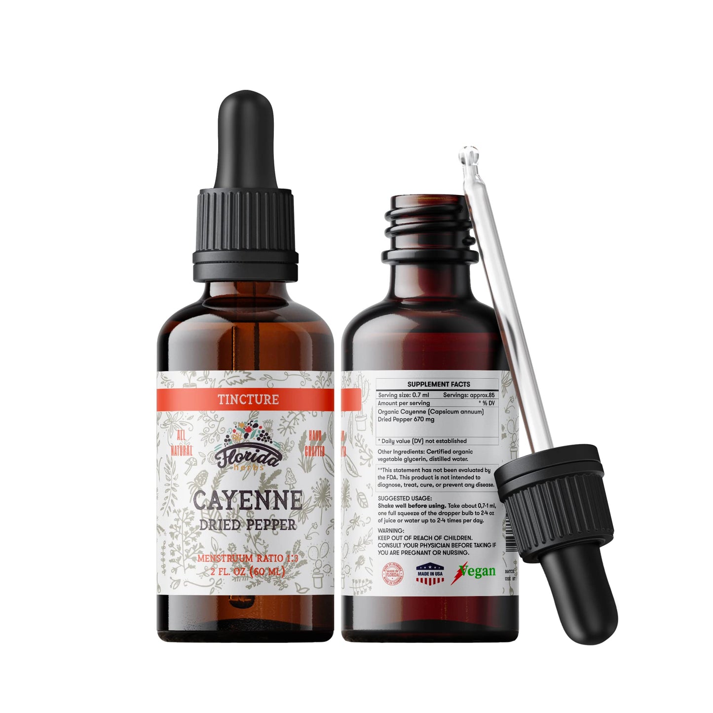 FLORIDA HERBS Cayenne Tincture Extract - Organic Cayenne Pepper (Capsicum annuum) - Vegetable Glycerin - Non-GMO - 2 oz (Pack of 2)