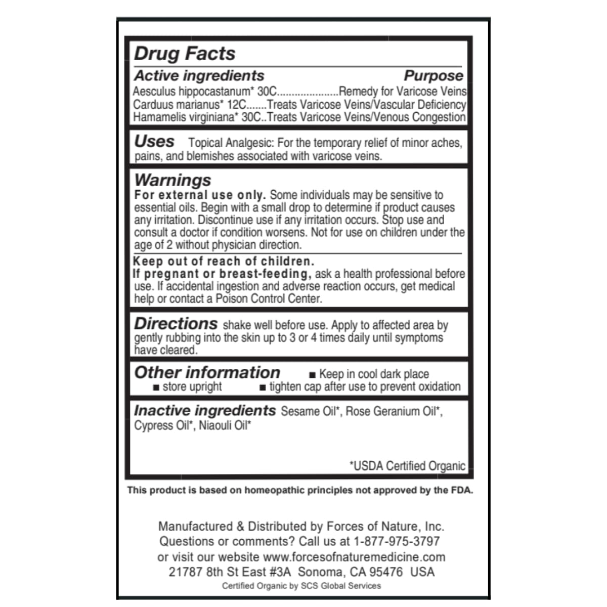 Forces of Nature Varicose Vein Treatment - Organic Homeopathic Medicine, 1 Fl Oz
