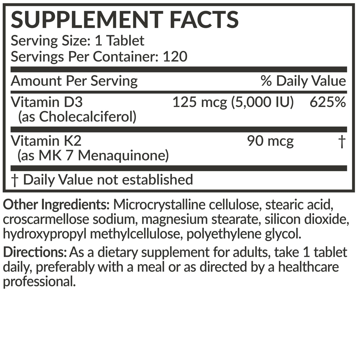 Futurebiotics Vitamin K2 with D3 - 2-in-1 Formula, 5000 IU D3 & 90 mcg K2 MK-7, Non-GMO, 120 Tablets
