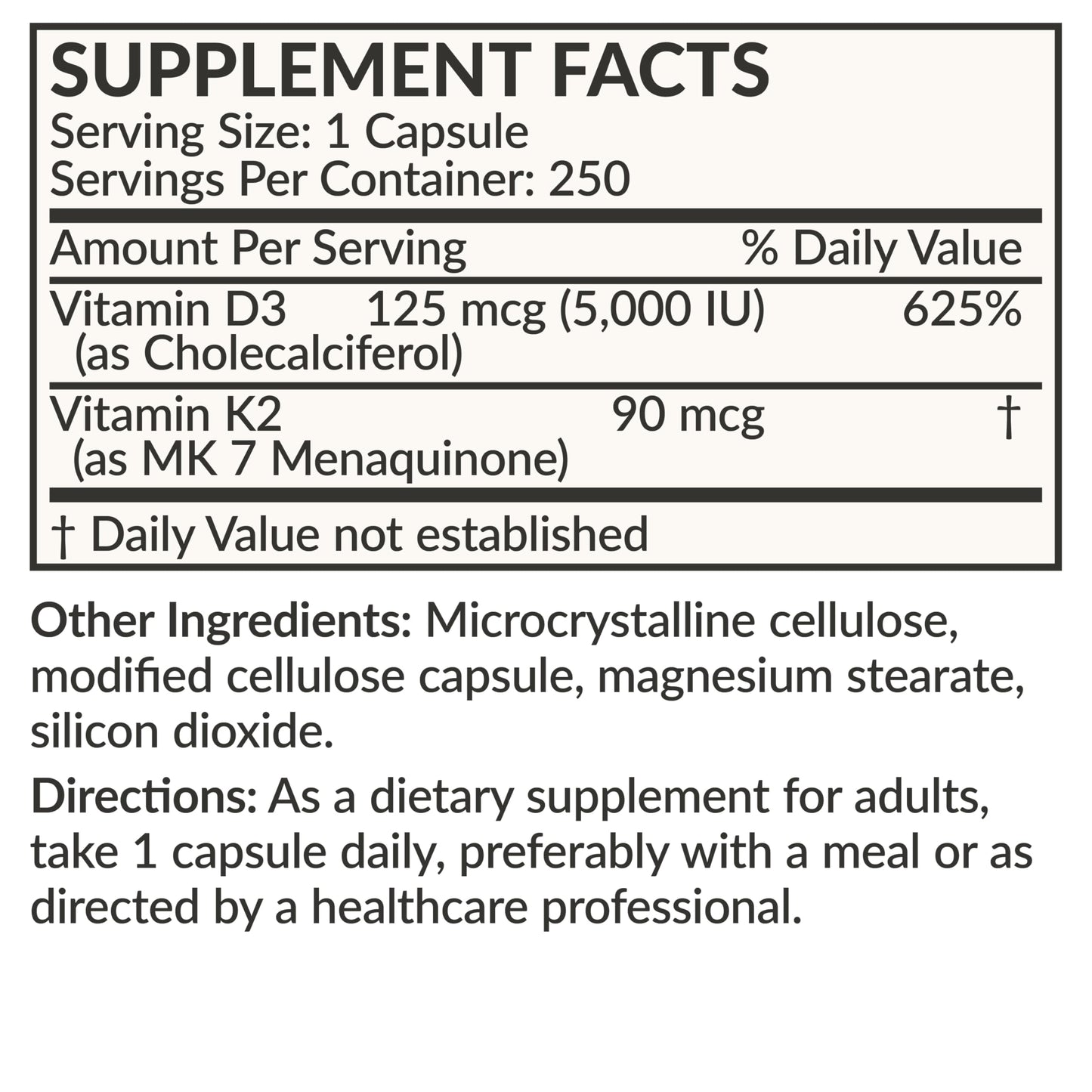 Futurebiotics Vitamin K2 (MK7) with D3 – Non-GMO, 5000 IU D3 & 90 mcg MK-7, 2-Pack (250 Veg Capsules per Bottle)