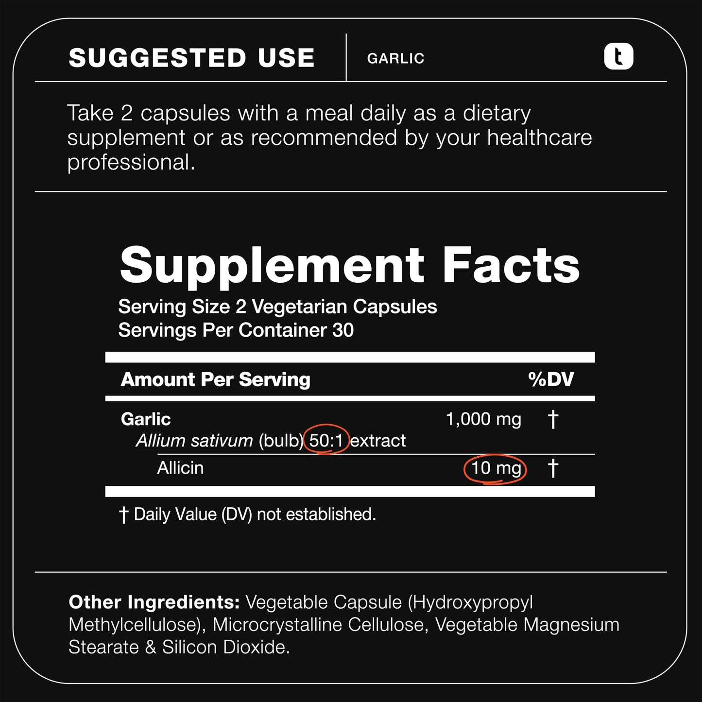 Toniiq Garlic Capsules with 10,000mcg Allicin - Odorless 50:1 Extract - 60 Vegetarian Capsules - Lab-Tested