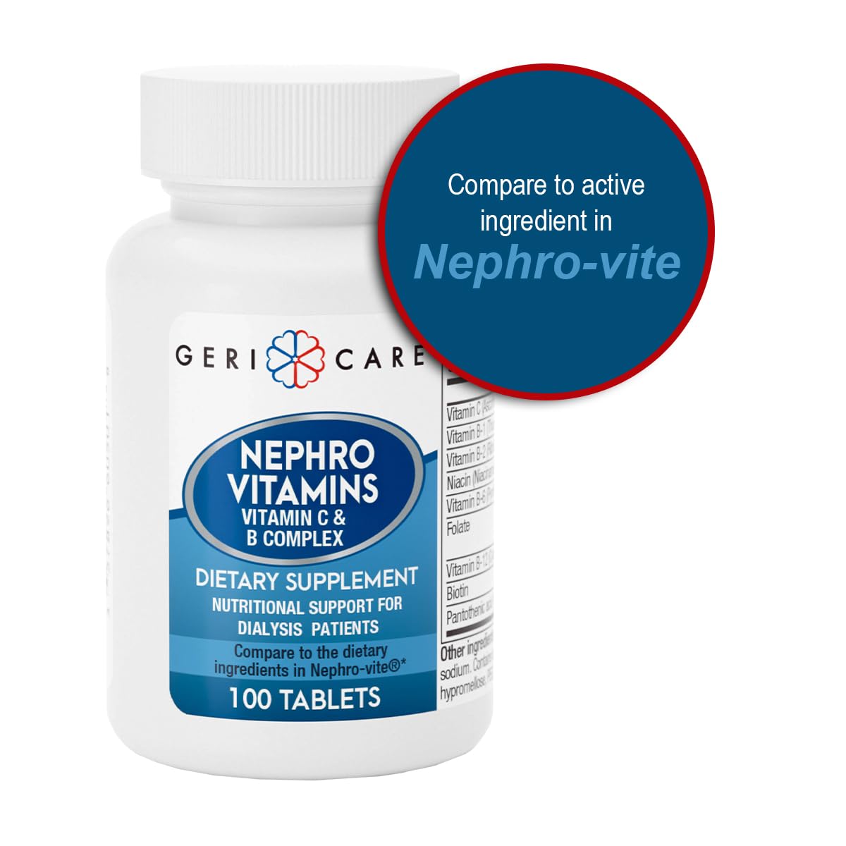 GeriCare Nephro Vitamin C & B Complex Tablets – 100 Count, Pack of 2 | Kidney Health & Energy Support