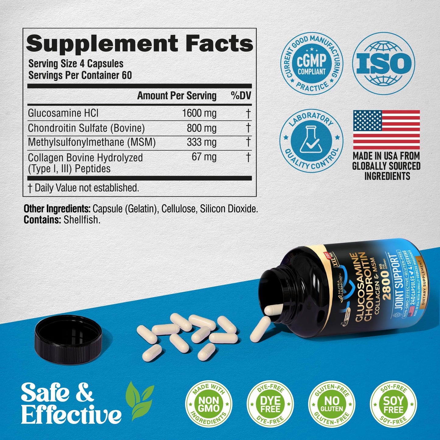 Glucosamine Chondroitin MSM Collagen – Joint Support (240 Caps) | Made in USA