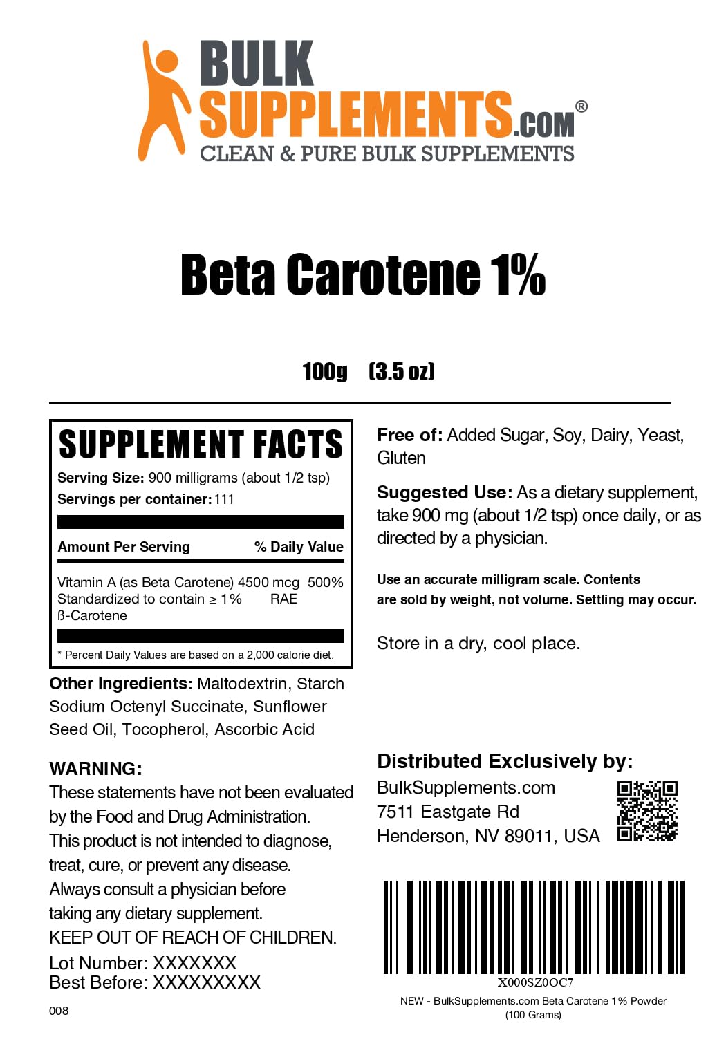 BulkSupplements Beta Carotene Powder - Vitamin A Support for Immune & Vision Health | Gluten Free, 900 mg per Serving, 100 g (Pack of 1)