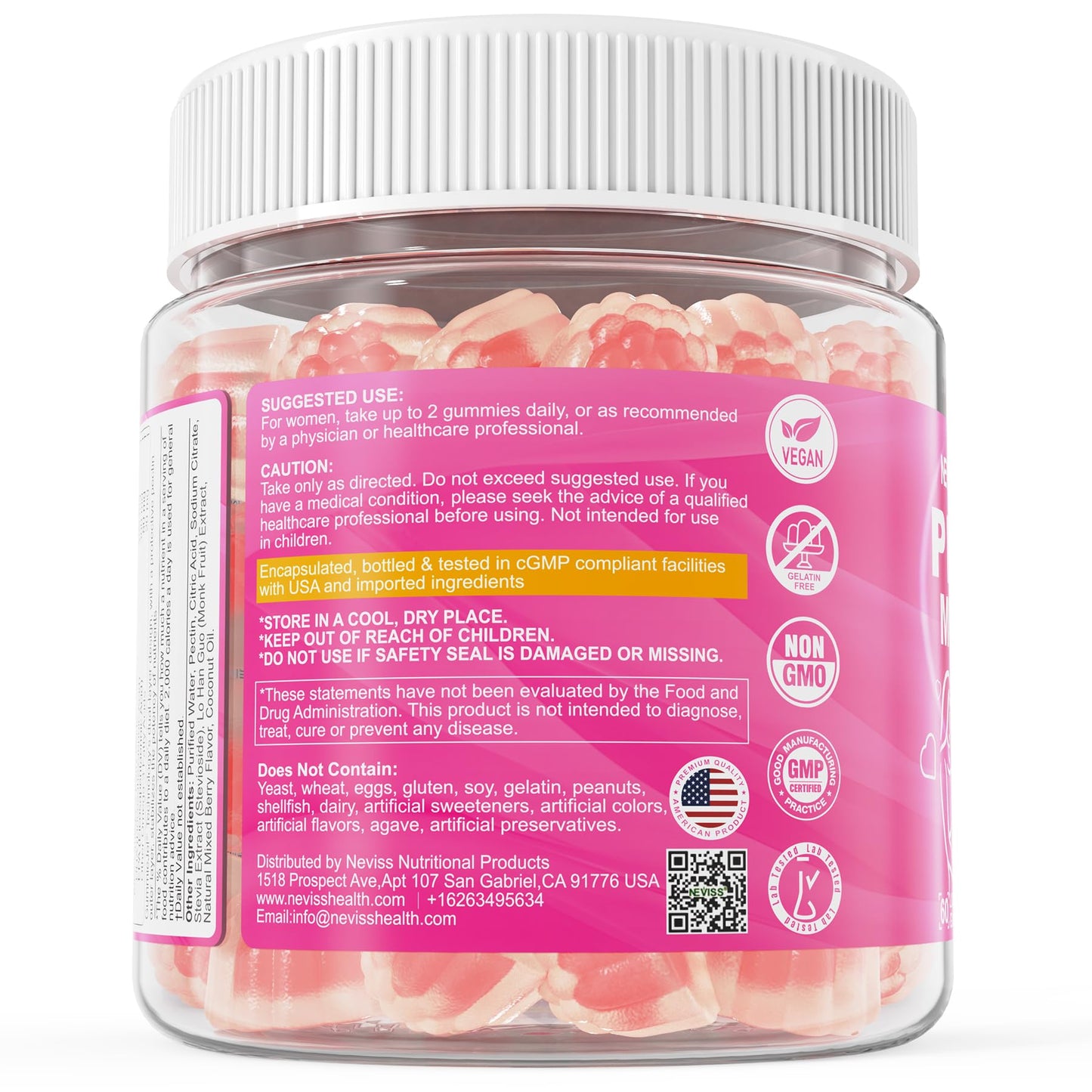 NEVISS Prenatal Multivitamin Gummies for Women – Methylfolate 1mg, DHA+EPA, Iron, Choline, Sugar-Free, 120 Count