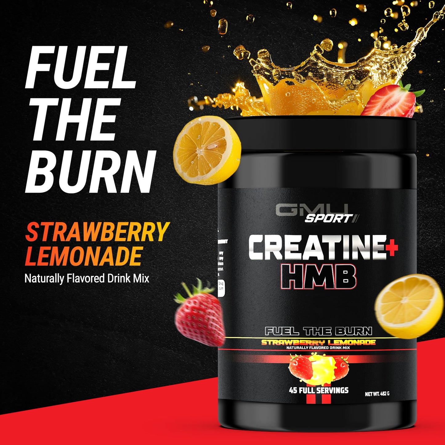 GMU SPORT Creatine 2.0 – Flavored Creatine + HMB Powder (45 Servings) | 5g Creatine Monohydrate + 3g HMB + Piperine | Strawberry Lemonade
