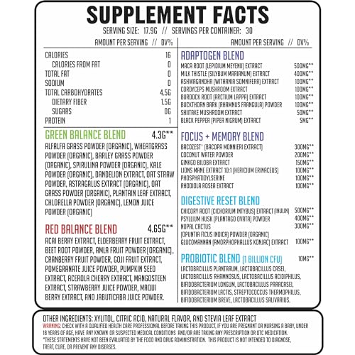 GMU SPORT Daily Greens & Reds – Peach Berry Powder with Probiotics & 42 Superfoods