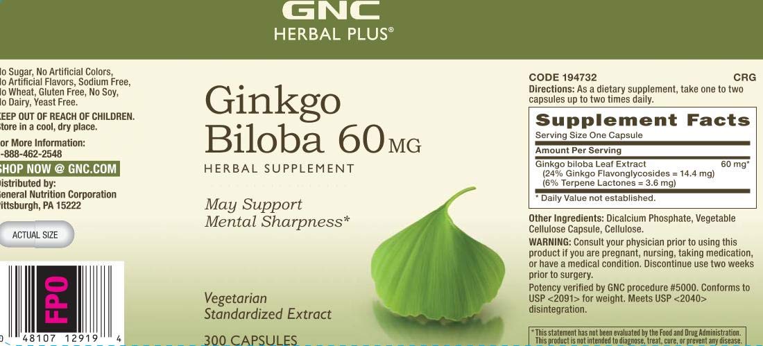 GNC Herbal Plus Ginkgo Biloba 60mg – Vegetarian, Mental Sharpness, 300 Servings