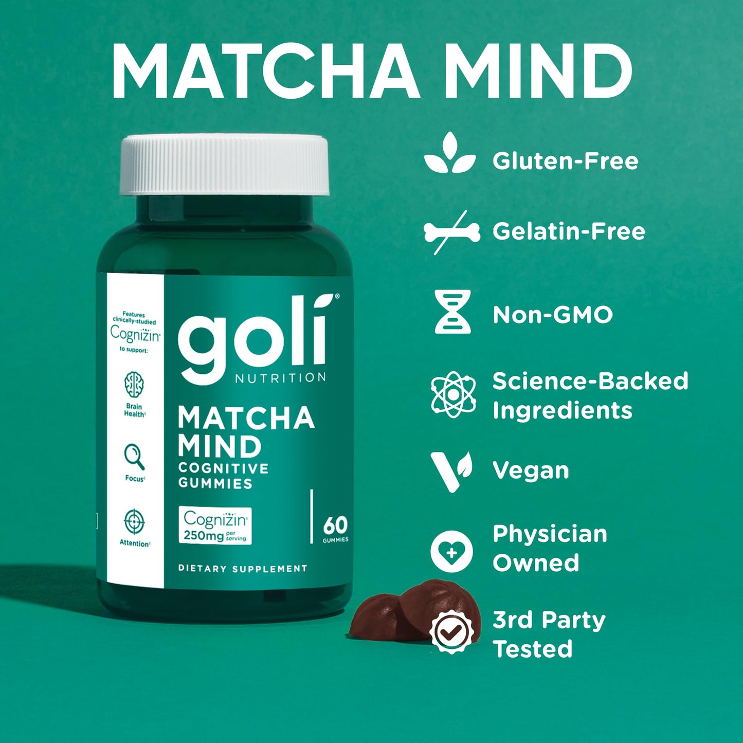 Goli Matcha Mind Gummies – 180 Count | Cognizin for Focus & Brain Health | Vegan, Non-GMO, Gluten-Free