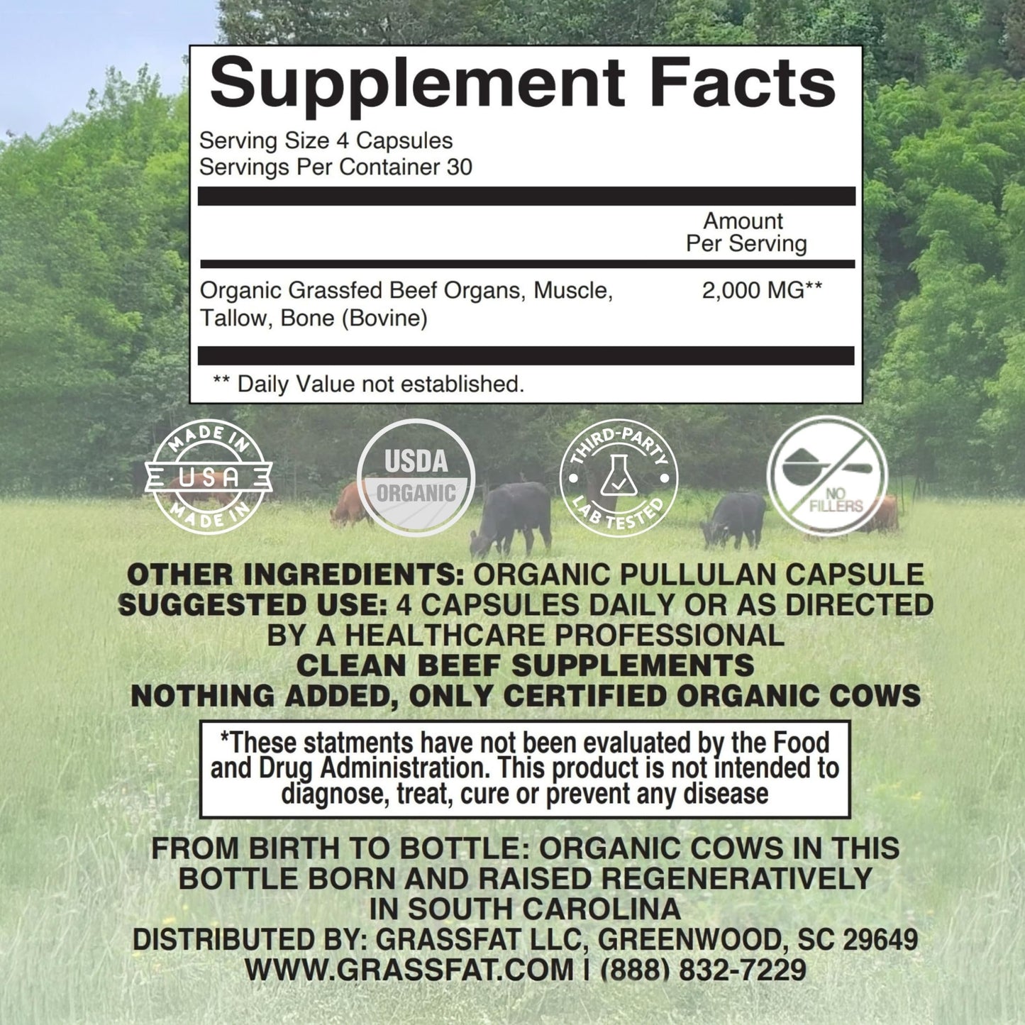 Grassfat USDA Organic 100% Grassfed Beef Organs Supplement – Made in USA | 30 Servings