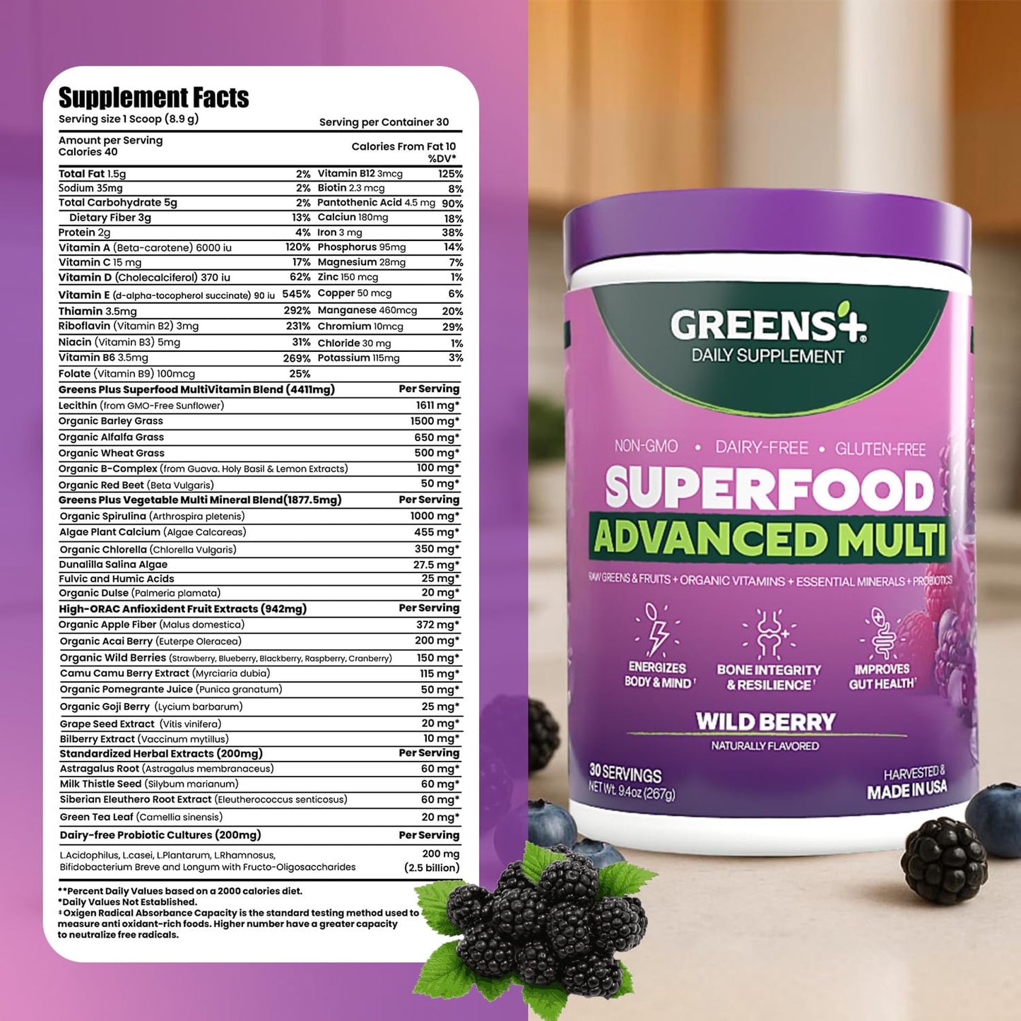 Greens+ Advanced Multi Wild Berry Superfood Powder – Organic, Vegan, Non-GMO (9.4 oz)