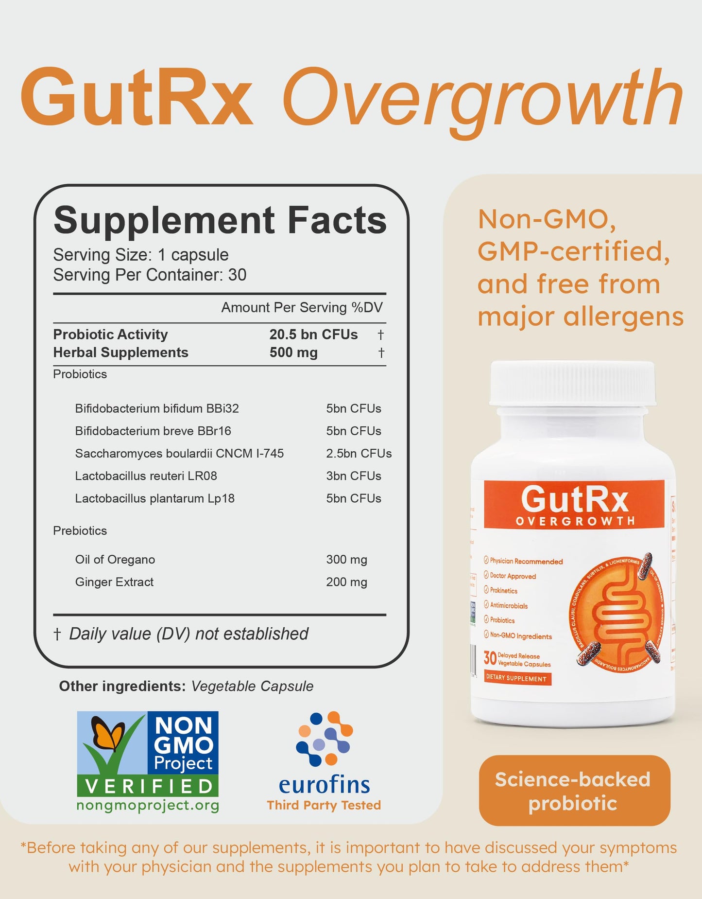 GutRx Overgrowth Probiotics for Gut Health — Saccharomyces boulardii, 30 Capsules