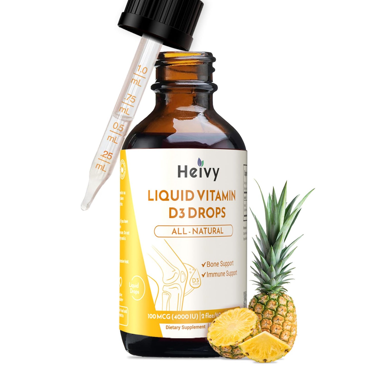 Heivy Vitamin D Drops 4000 IU (100 mcg) – D3 for Bone Health | Pineapple Flavor | Made in USA | 60 Servings
