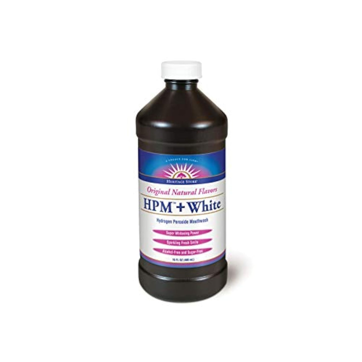 Heritage Store HPM + White Mouthwash - Whitening Hydrogen Peroxide Rinse, Alcohol & Fluoride Free, 16 oz