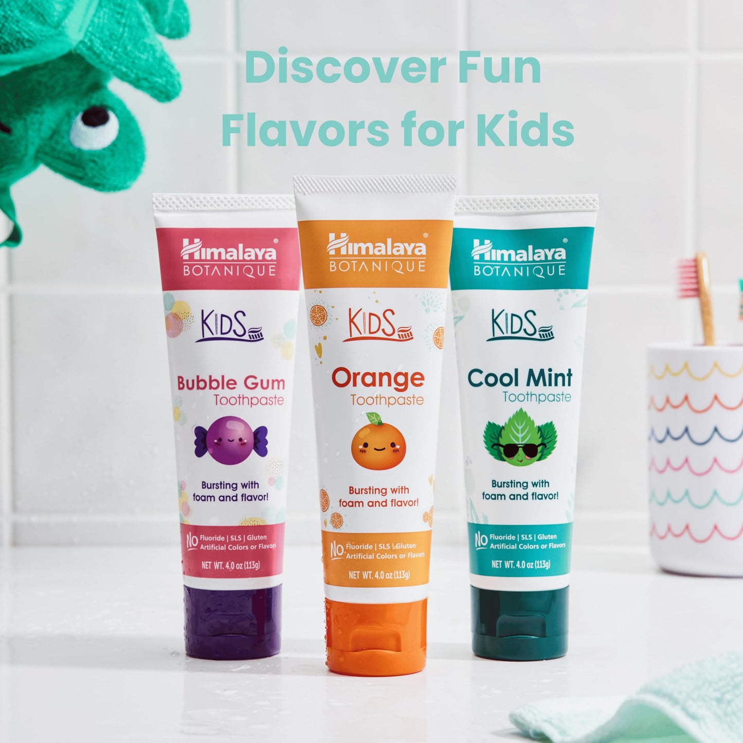 Himalaya Botanique Kids Toothpaste with Xylitol - Variety Pack (Bubble Gum, Orange & Cool Mint) Fluoride Free, Vegan, Gluten Free | 4 oz Pack of 3