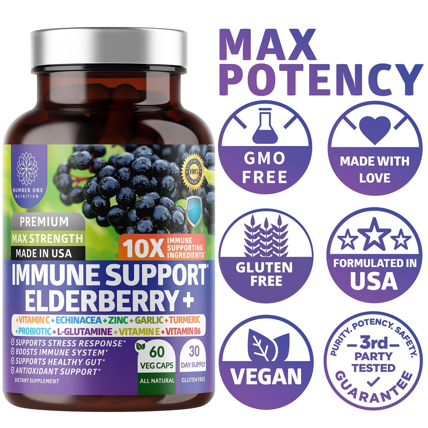 Premium 10-in-1 Immune Support Supplement with Elderberry & Probiotics – 60 Veg Caps