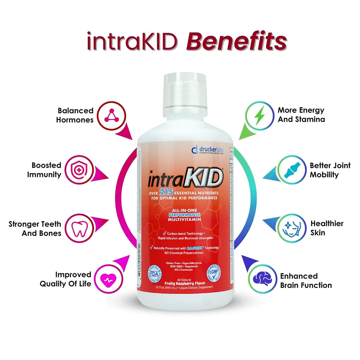intraKID Drucker Labs Organic Liquid Multivitamin for Kids – Fruity Raspberry, Immune Support, 32 oz