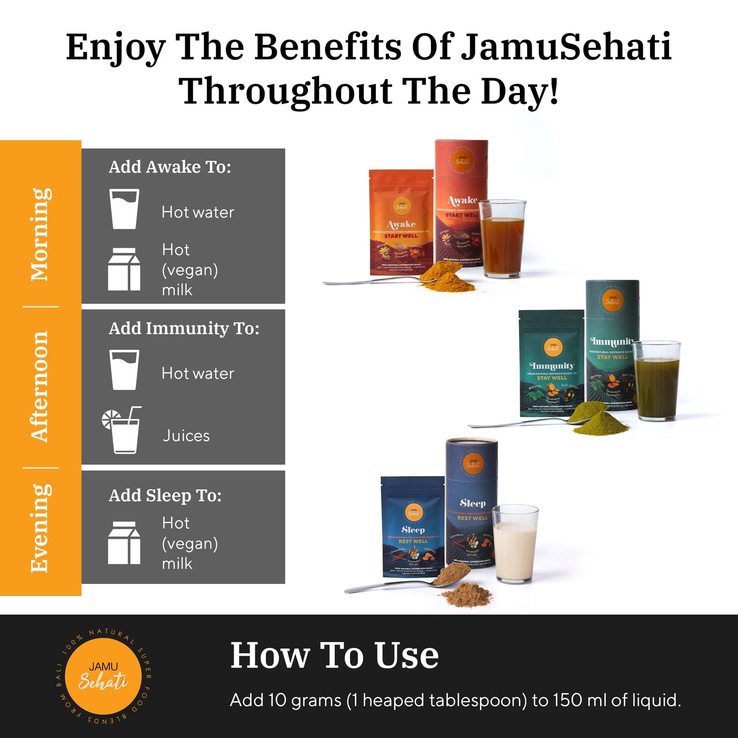 JAMUSEHATI Variety Pack – Bali Natural Superfoods (Awake, Immunity, Sleep) – 3 Sachets