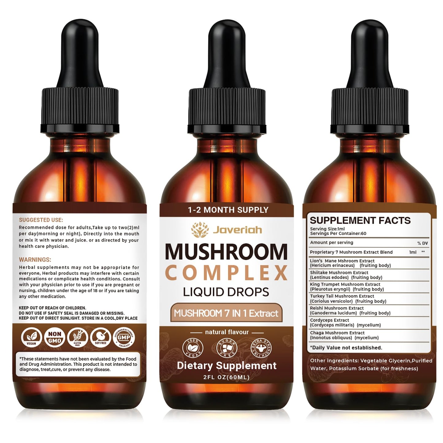 Javeriah 7-in-1 Mushroom Complex Drops – Lion's Mane & 7 Mushrooms, 2 fl oz