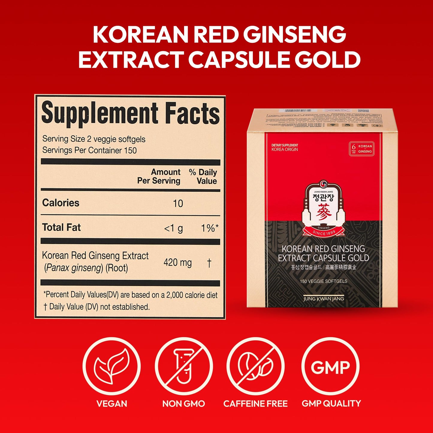 Jung Kwan Jang Korean Red Ginseng Extract Capsule Gold — Vegan Energy & Immune Support, Caffeine Free (600mg, 150 Capsules)