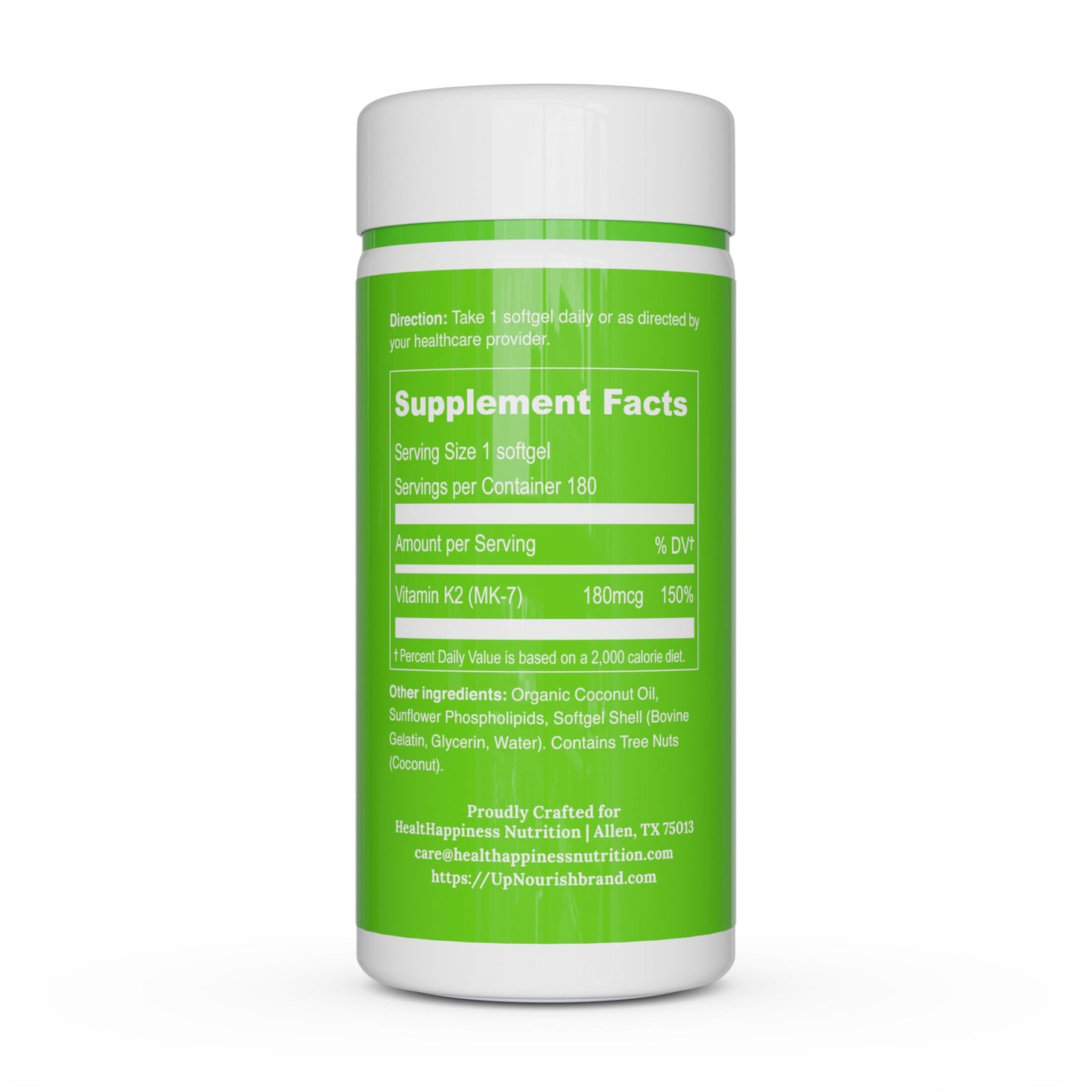 UpNourish Liposomal Vitamin K2 MK7 180 mcg – 180 K2 Softgels | High Absorption