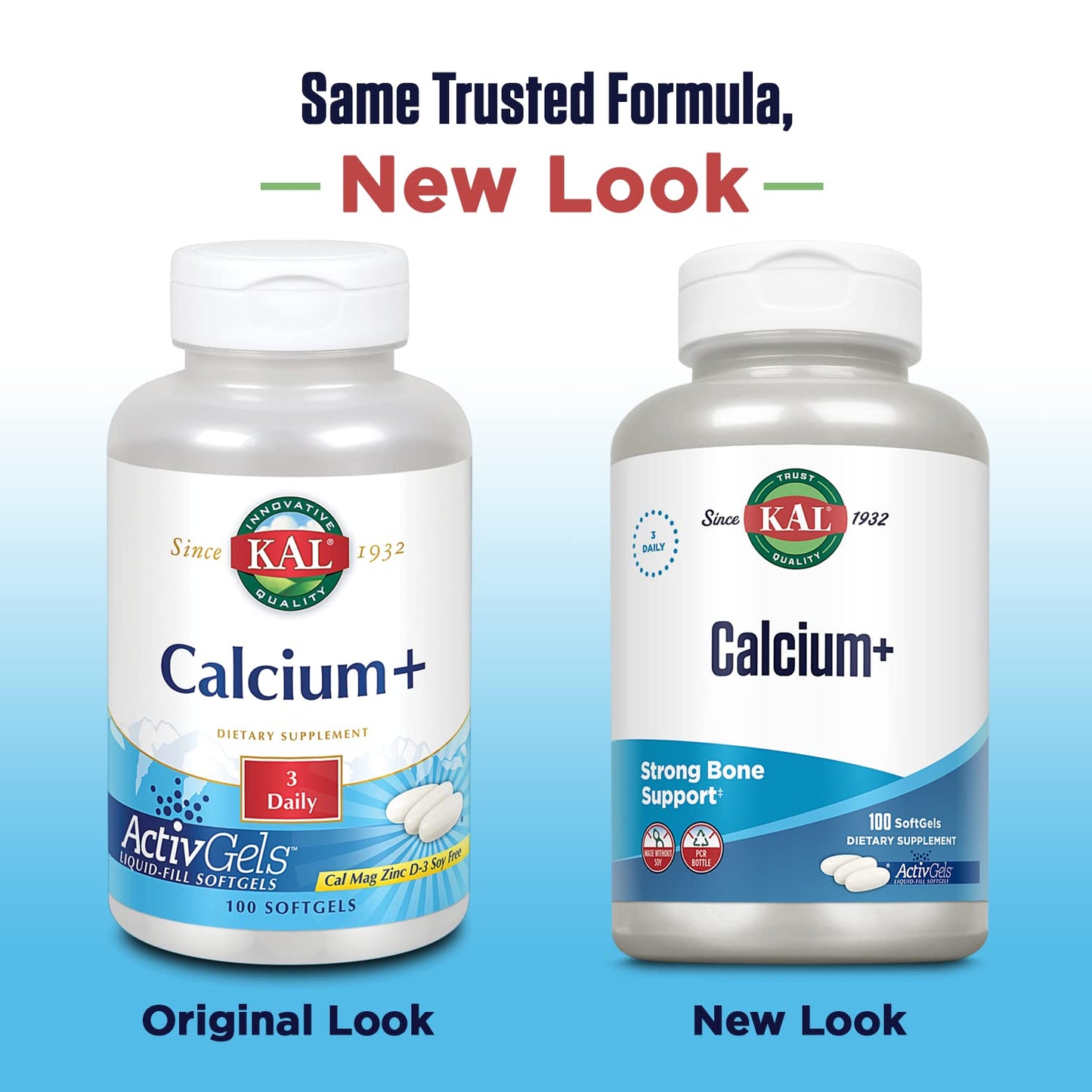 KAL Calcium+ ActivGels 1000mg | Calcium, Magnesium, Zinc & Vitamin D-3 | 100 Softgels | Soy Free