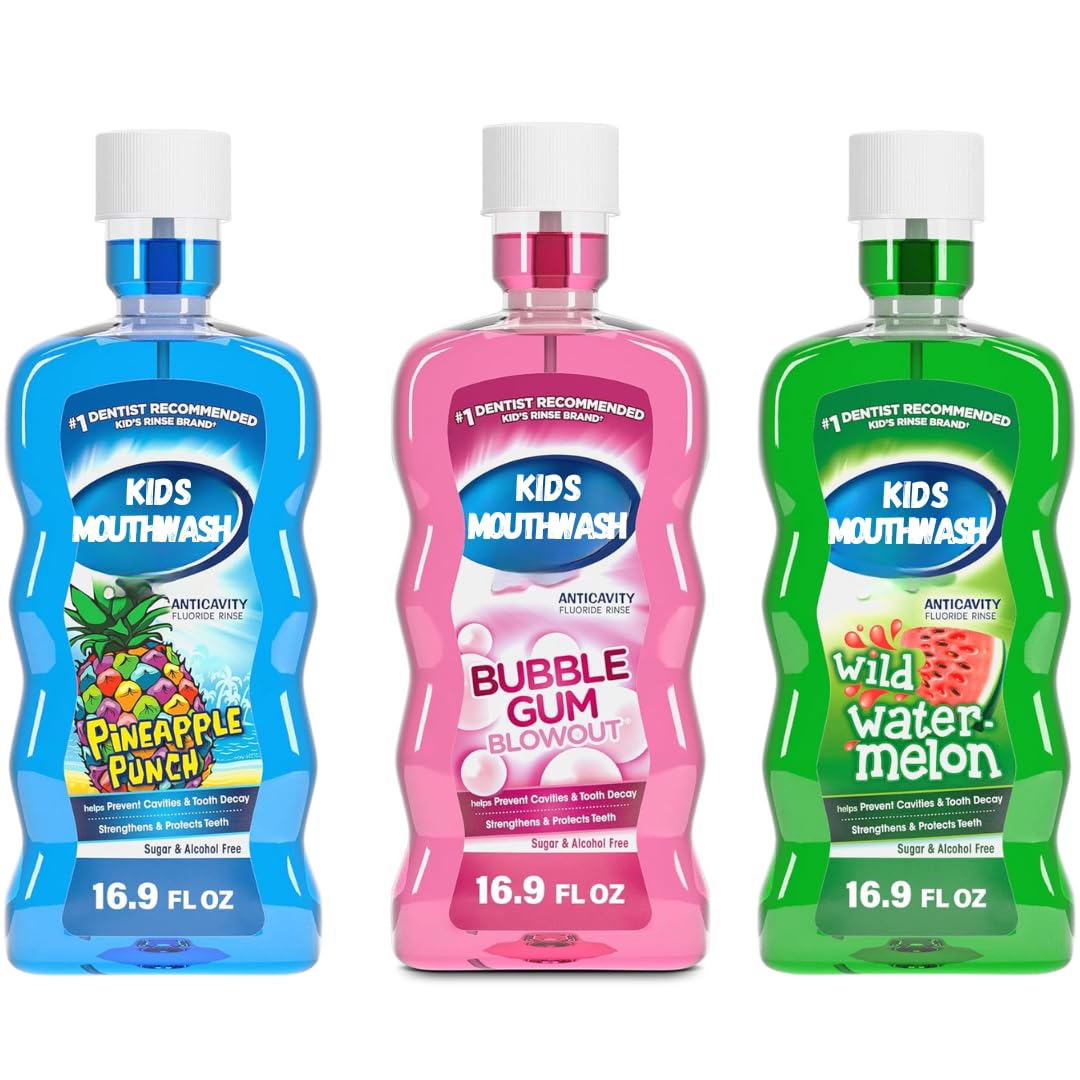 Kids Anticavity Fluoride Mouthwash Variety Pack – Sugar & Alcohol Free (Bubble Gum, Pineapple, Watermelon) 16.9 oz x3