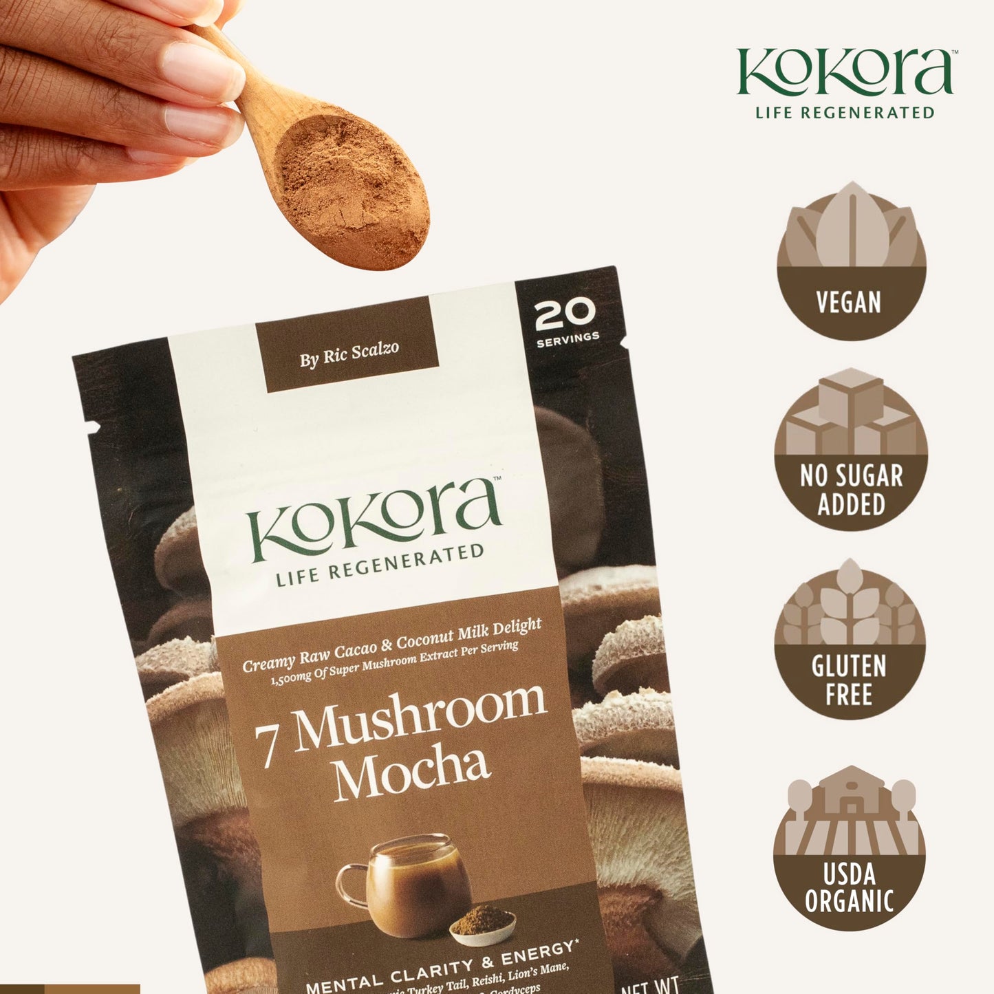 Kokora 7 Mushroom Mocha Organic Adaptogenic Powder: Lion's Mane & Turkey Tail
