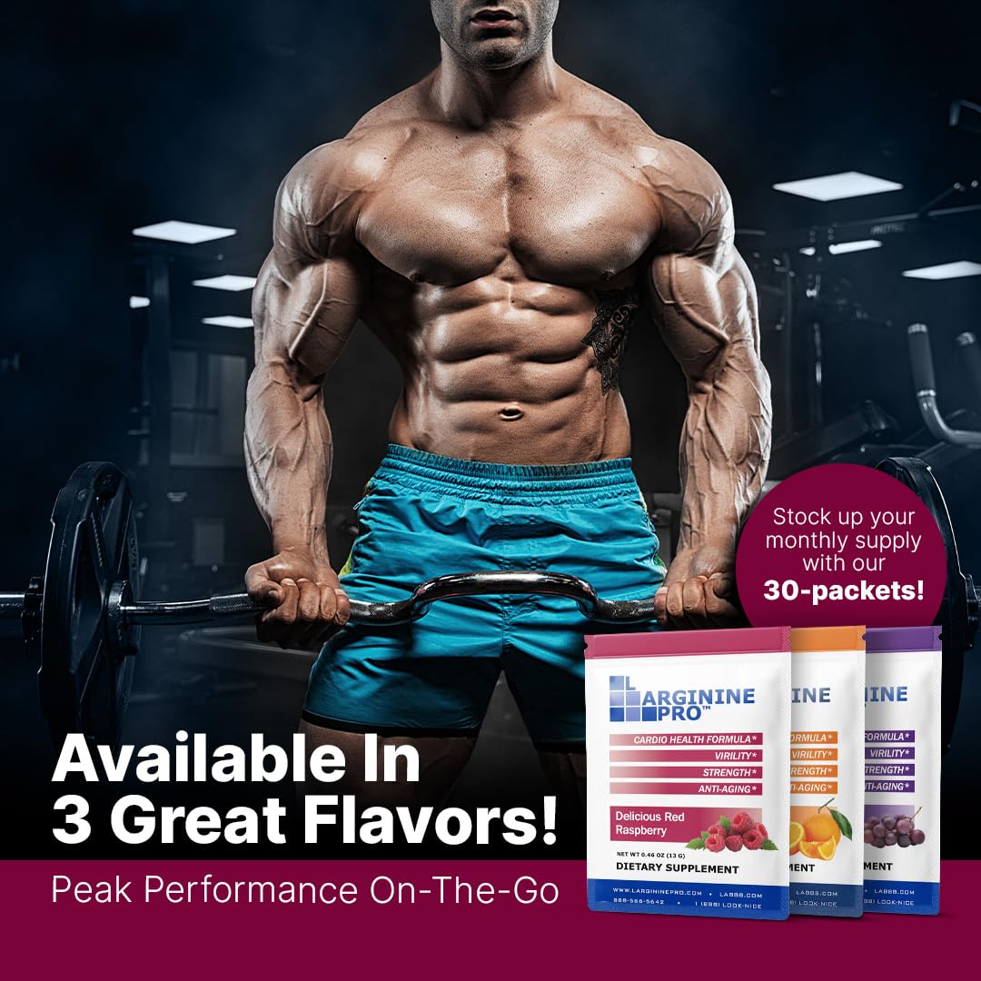 L-ARGININE PRO Supplement Powder | 30 Packets | Single Serve Travel Size | 5,500mg L-Arginine + 1,100mg L-Citrulline | Raspberry