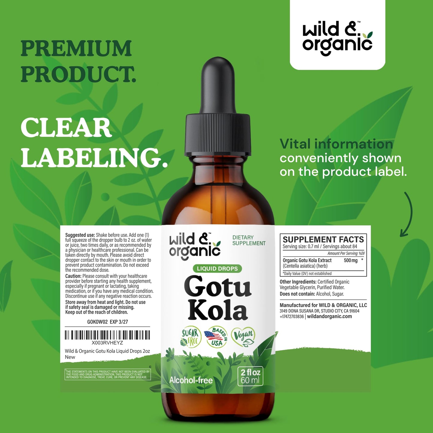 Wild & Organic Gotu Kola Tincture - Brain Support, Gotu Kola Liquid Extract Drops - Vegan, Sugar & Alcohol-Free 2 fl oz
