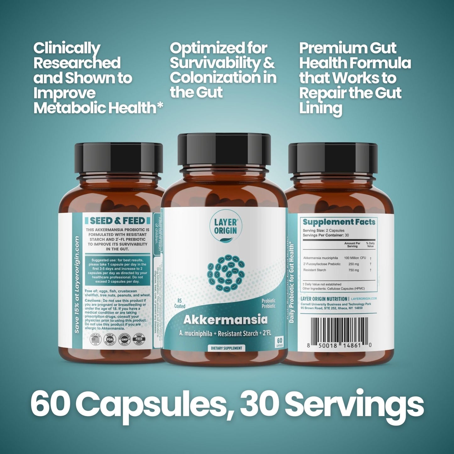 Layer Origin Akkermansia muciniphila Probiotic – PureHMO Prebiotic, Live Strain, 30-Day