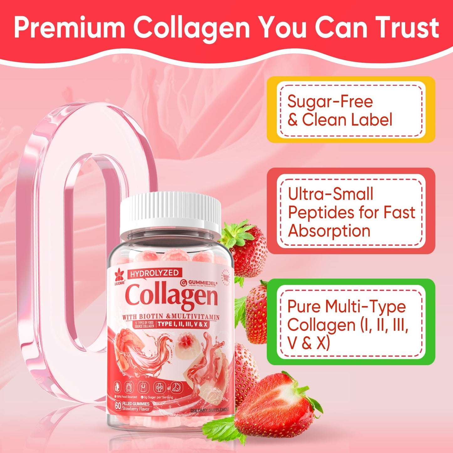 LILICARE 2Pack Sugar-Free Hydrolyzed Collagen Gummies – 1500mg Multi-Collagen, 5000mcg Biotin, Immune & Skin Support