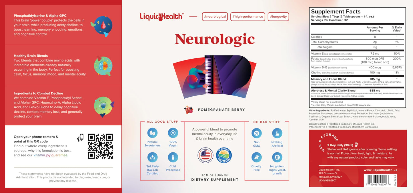 LIQUIDHEALTH Neurologic Focus – Brain Booster Nootropic (USA Made, 2-Pack)