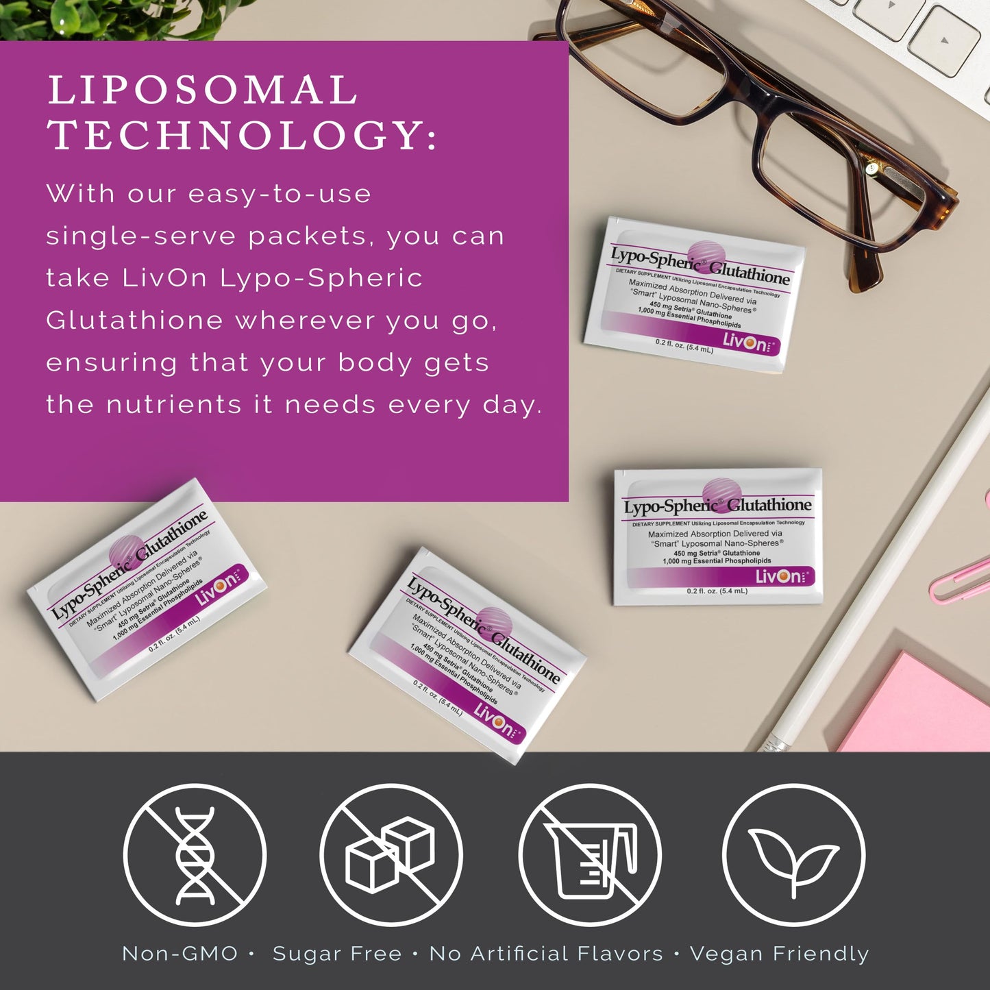 LivOn Lypo-Spheric Glutathione – 30 Packets, 450 mg Each, Liposome-Encapsulated, Non-GMO