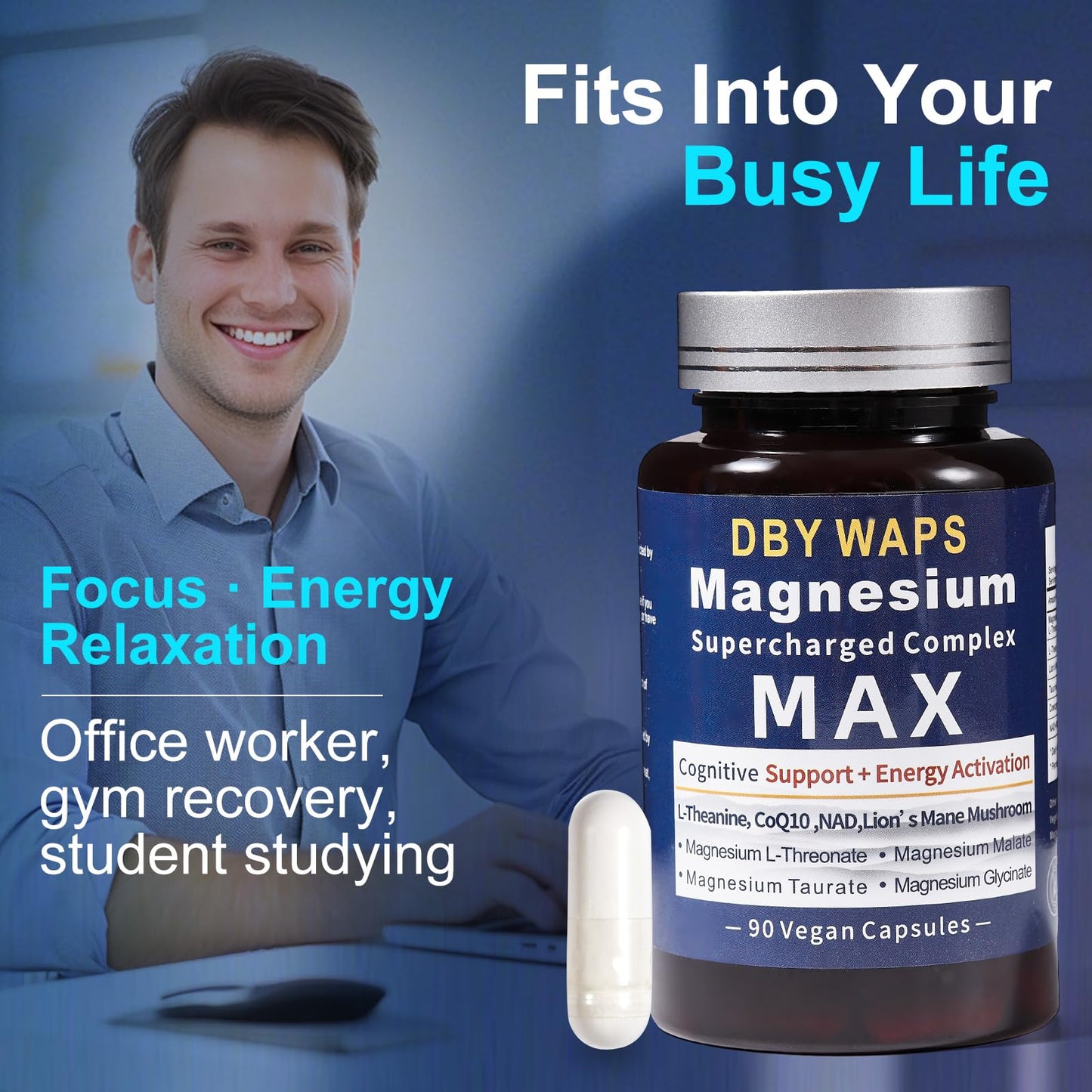 Magnesium & Energy Complex – 4 High-Absorption Types with Lion’s Mane, L-Theanine, CoQ10, Taurine – Vegan, Non-GMO – 90 Capsules