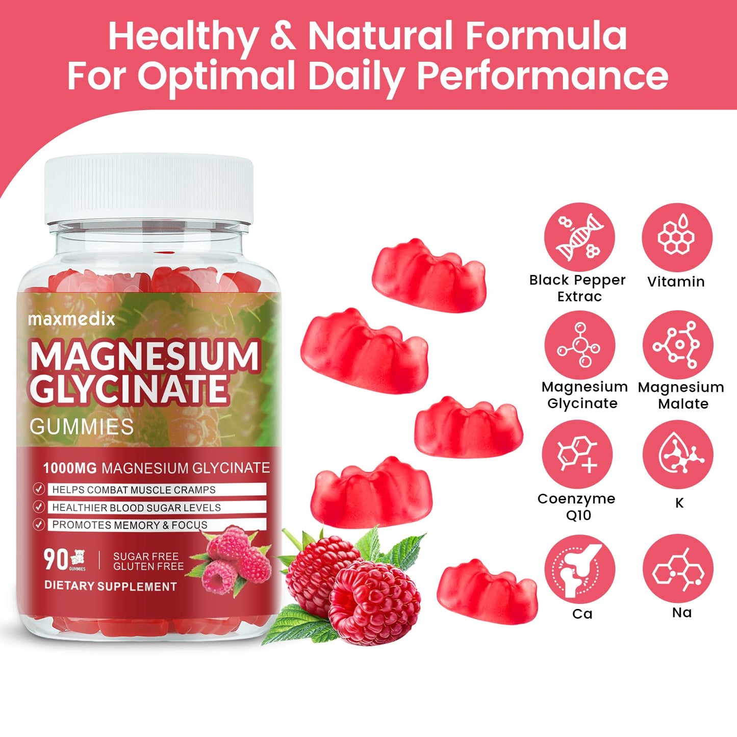 Magnesium Glycinate Gummies 1000mg – Sugar Free Potassium Magnesium for Sleep, Relaxation & Body Support (90 Raspberry Gummies)