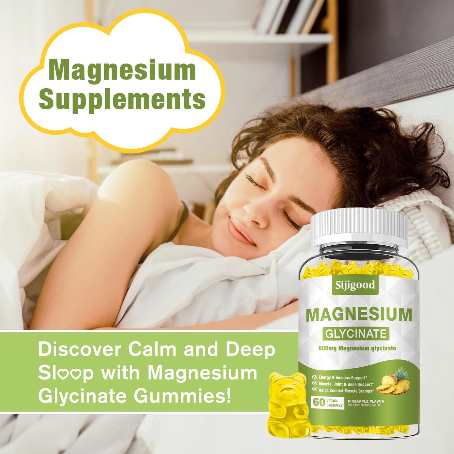 Magnesium Glycinate Gummies 600mg – Relaxation & Sleep Support (Sugar-Free, Pineapple)