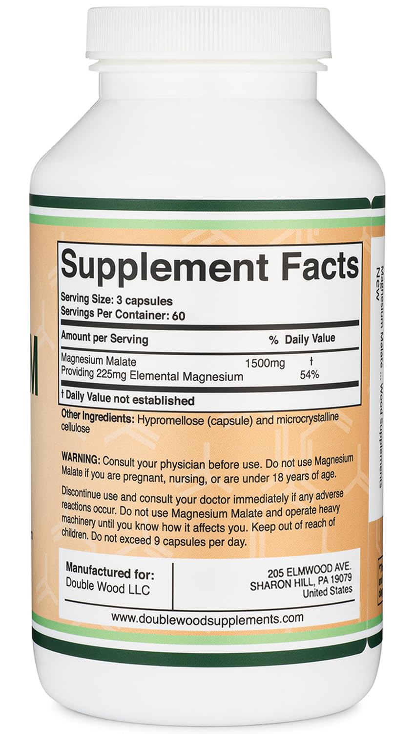 Magnesium Malate Capsules (180 Count) - 1,500mg per Serving | Vegan, Gluten Free | Double Wood Supplements