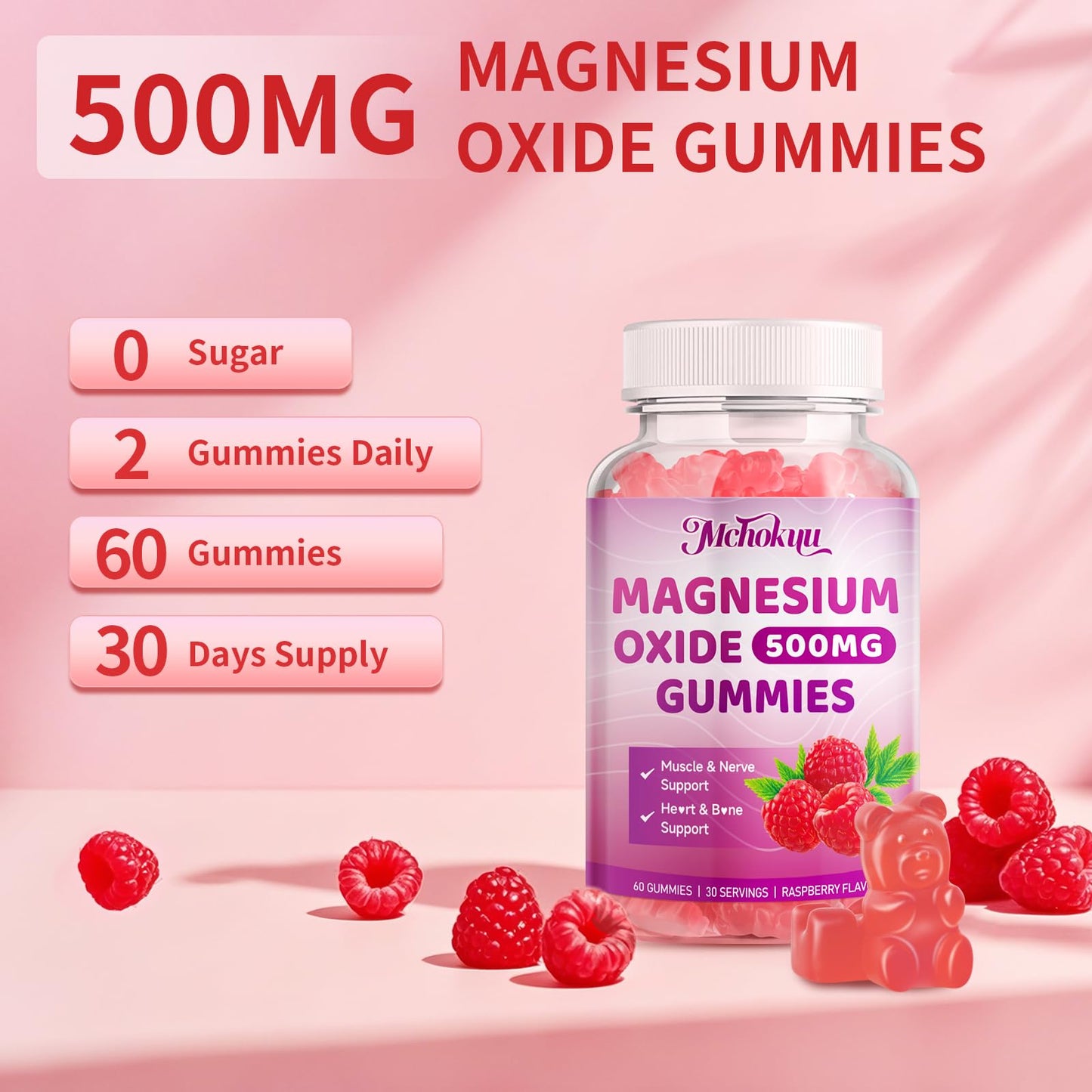 Magnesium Oxide Gummies 500mg - Sugar Free Raspberry Flavor for Adults and Kids | Nerve Support