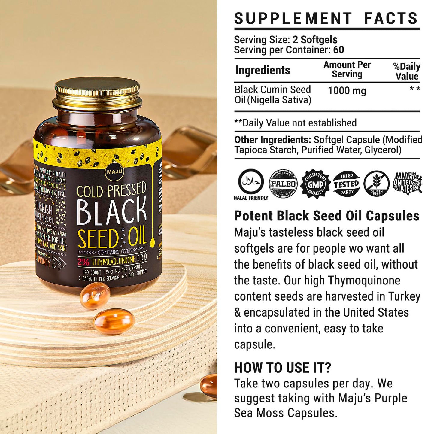Maju Superfoods Black Seed Oil Capsules – Organic Turkish Nigella Sativa, Cold-Pressed, 2% Thymoquinone, 120 Count (3-Pack)