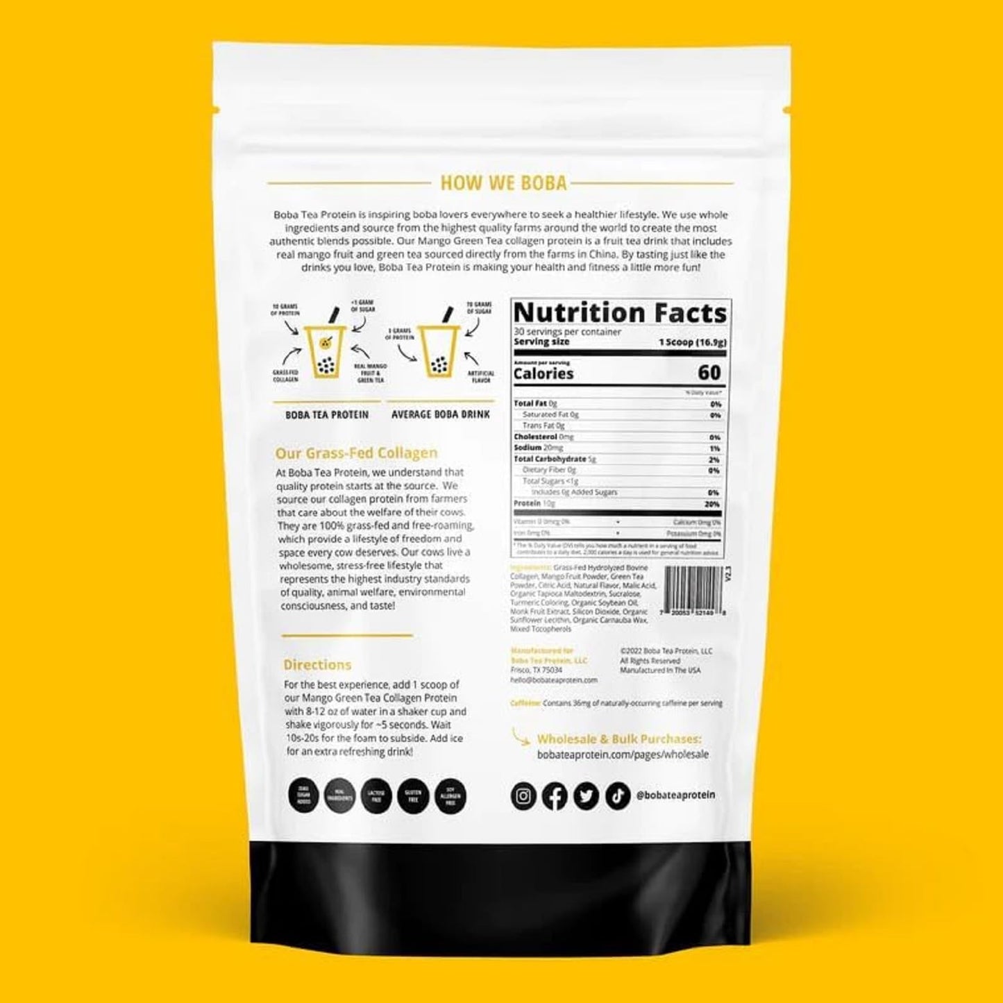 Mango Green Tea Collagen Powder | 30 Servings | Grass-Fed Bovine, No Added Sugar
